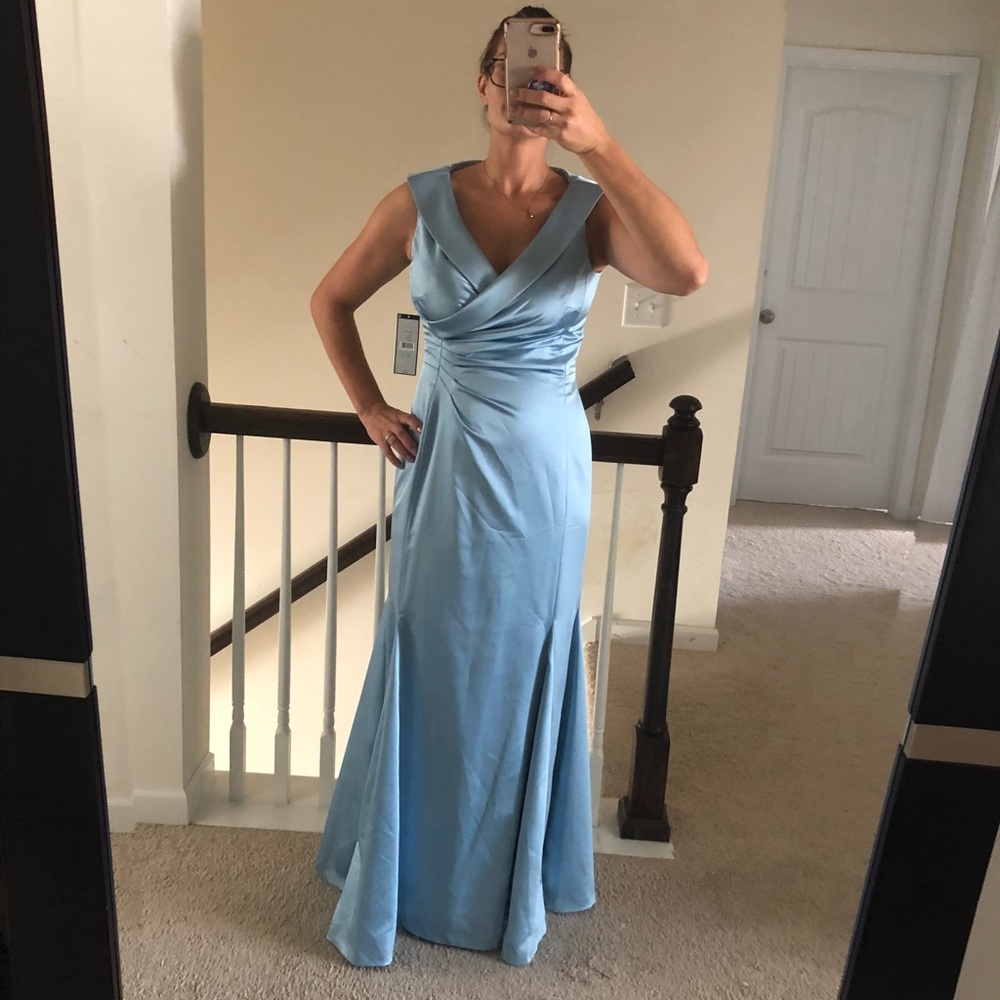 Tahari satin portrait collar gown